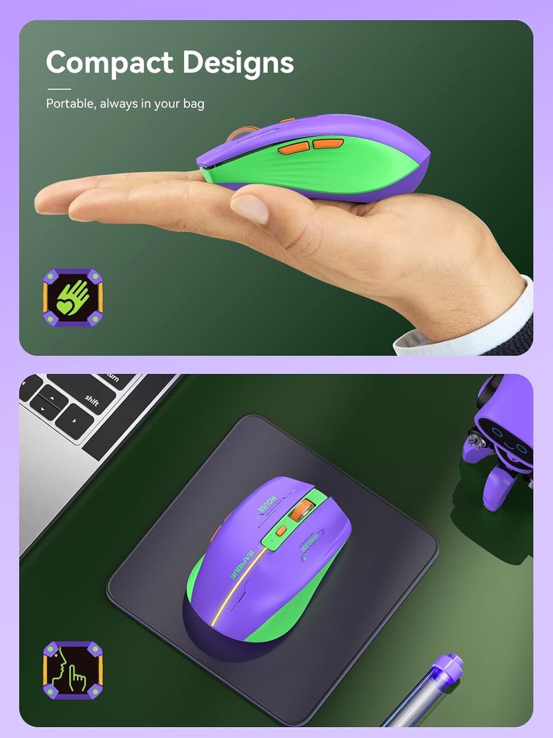 RAPIQUE Bluetooth Wireless Mouse - (BT1/BT2+USB Receiver) Dual Mode, Rechargeable, Quiet Click, Multi-Device Compatibility for Laptop, Computer, MacBook, Tablet (Purple and Green) - Image 5
